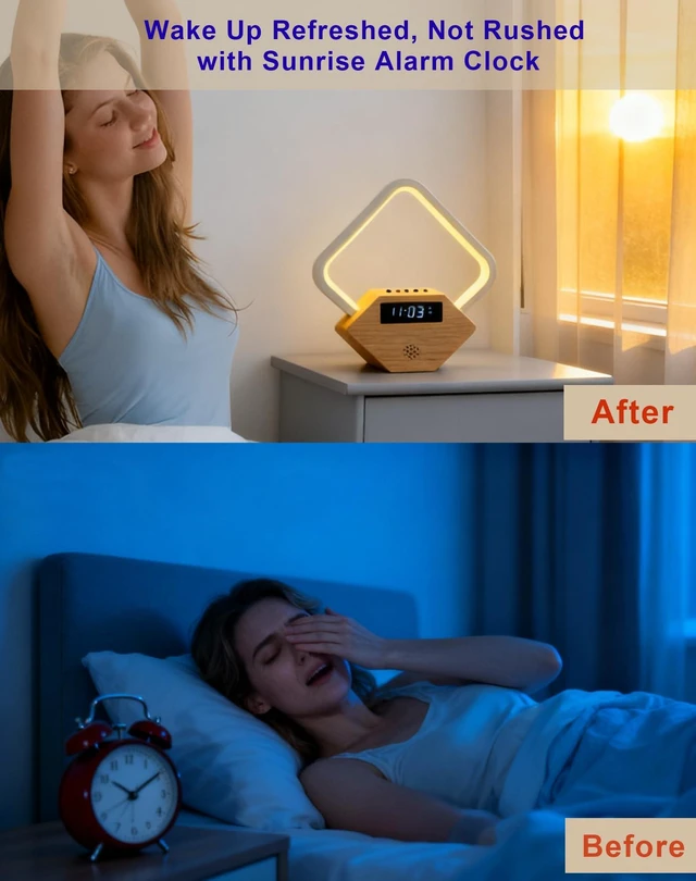 Alt view image 3 of 7 - All-in-One Sunrise Alarm Clock for Heavy Sleepers | Wood 3-Color Dimmable Bedside Lamp with White Noise & Fast USB Phone Charger for Bedroom/Office | Sleep Aid for Adults Kids,Gift for Men Women