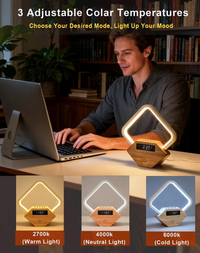 Alt view image 4 of 7 - All-in-One Sunrise Alarm Clock for Heavy Sleepers | Wood 3-Color Dimmable Bedside Lamp with White Noise & Fast USB Phone Charger for Bedroom/Office | Sleep Aid for Adults Kids,Gift for Men Women