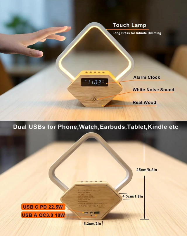 Alt view image 5 of 7 - All-in-One Sunrise Alarm Clock for Heavy Sleepers | Wood 3-Color Dimmable Bedside Lamp with White Noise & Fast USB Phone Charger for Bedroom/Office | Sleep Aid for Adults Kids,Gift for Men Women