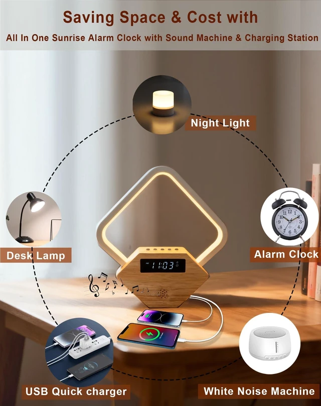 Alt view image 7 of 7 - All-in-One Sunrise Alarm Clock for Heavy Sleepers | Wood 3-Color Dimmable Bedside Lamp with White Noise & Fast USB Phone Charger for Bedroom/Office | Sleep Aid for Adults Kids,Gift for Men Women