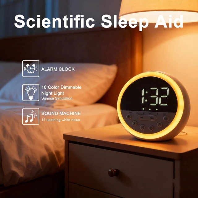 Alt view image 2 of 7 - Sunrise Alarm Clock with White Noise & Dimmable RGB Night Light | Rechargeable Wake Up Light & Sound Machine with 11 Sleep Sounds, Timer, Snooze, Perfect for Kids Babies Adults and Bedside