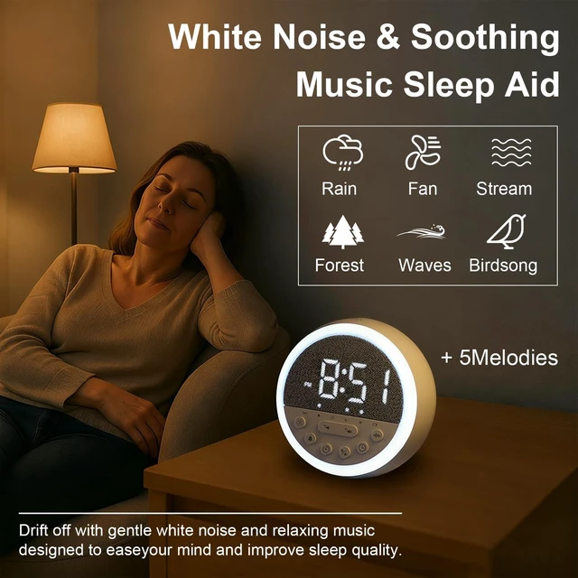 Alt view image 3 of 7 - Sunrise Alarm Clock with White Noise & Dimmable RGB Night Light | Rechargeable Wake Up Light & Sound Machine with 11 Sleep Sounds, Timer, Snooze, Perfect for Kids Babies Adults and Bedside