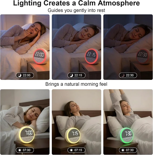 Alt view image 4 of 7 - Sunrise Alarm Clock with White Noise & Dimmable RGB Night Light | Rechargeable Wake Up Light & Sound Machine with 11 Sleep Sounds, Timer, Snooze, Perfect for Kids Babies Adults and Bedside