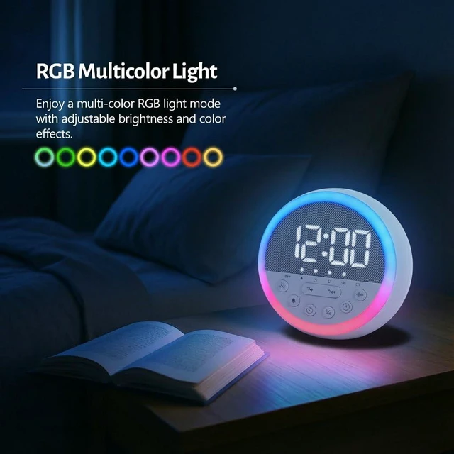 Alt view image 5 of 7 - Sunrise Alarm Clock with White Noise & Dimmable RGB Night Light | Rechargeable Wake Up Light & Sound Machine with 11 Sleep Sounds, Timer, Snooze, Perfect for Kids Babies Adults and Bedside