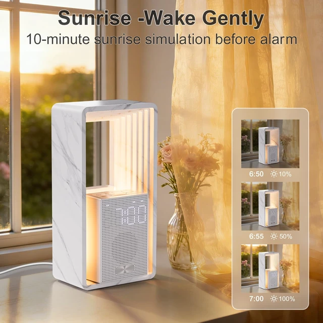 Alt view image 3 of 7 - Sunrise Alarm Clock with 20 White Noise & Night Light for Bedroom | Gentle Sunrise Wake-Up, 20 Soothing Sounds &Timer, Dual Alarms & Snooze, Dimmable Touch lamp, for Kids Babies Adults