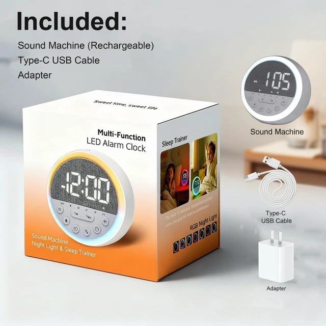 Alt view image 7 of 7 - Sunrise Alarm Clock with White Noise & Dimmable RGB Night Light | Rechargeable Wake Up Light & Sound Machine with 11 Sleep Sounds, Timer, Snooze, Perfect for Kids Babies Adults and Bedside