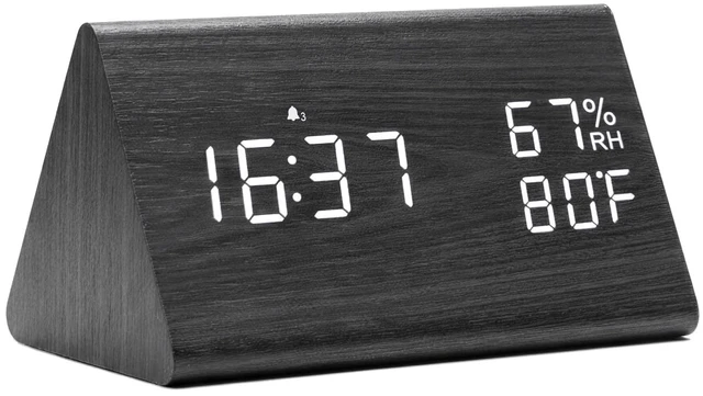 Main image of Digital Alarm Clock with Triangular Wooden Design, Large Time Temperature & Humidity Display, Modern Desk Clock for Bedroom, Living Room, Office & Study