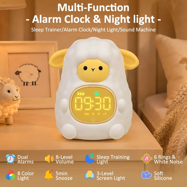 Alt view image 2 of 7 - Sheep Kids Alarm Clock with Night Light, OK to Wake Clock for Toddler | Cute Digital Clock for Bedroom Bedside, Dual Alarm, Multicolor Night Light, White Noise, Desk Clock Gift for Boys and Girls