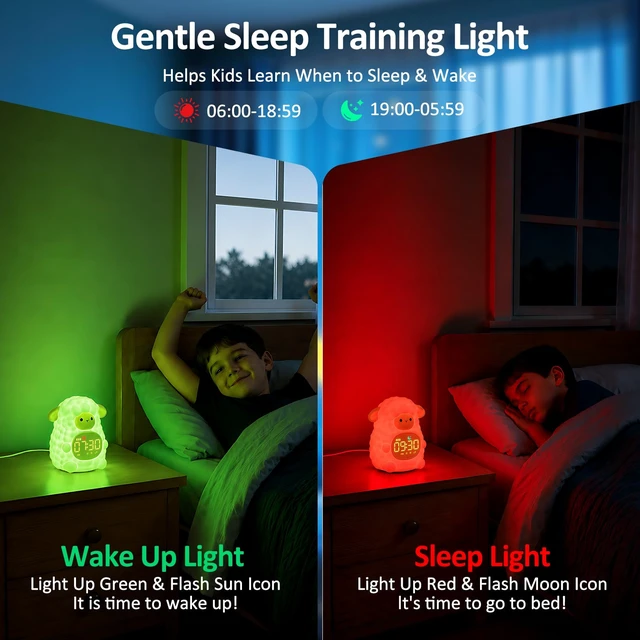 Alt view image 3 of 7 - Sheep Kids Alarm Clock with Night Light, OK to Wake Clock for Toddler | Cute Digital Clock for Bedroom Bedside, Dual Alarm, Multicolor Night Light, White Noise, Desk Clock Gift for Boys and Girls