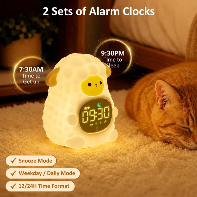 Alt view image 4 of 7 - Sheep Kids Alarm Clock with Night Light, OK to Wake Clock for Toddler | Cute Digital Clock for Bedroom Bedside, Dual Alarm, Multicolor Night Light, White Noise, Desk Clock Gift for Boys and Girls