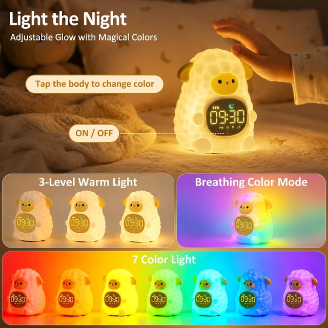 Alt view image 5 of 7 - Sheep Kids Alarm Clock with Night Light, OK to Wake Clock for Toddler | Cute Digital Clock for Bedroom Bedside, Dual Alarm, Multicolor Night Light, White Noise, Desk Clock Gift for Boys and Girls