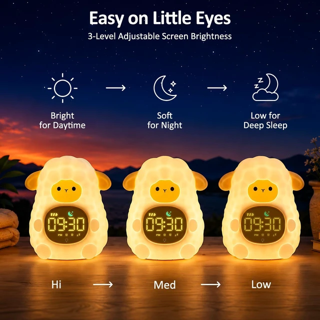 Alt view image 7 of 7 - Sheep Kids Alarm Clock with Night Light, OK to Wake Clock for Toddler | Cute Digital Clock for Bedroom Bedside, Dual Alarm, Multicolor Night Light, White Noise, Desk Clock Gift for Boys and Girls
