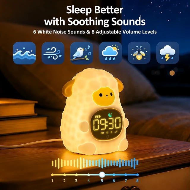 Alt view image 6 of 7 - Sheep Kids Alarm Clock with Night Light, OK to Wake Clock for Toddler | Cute Digital Clock for Bedroom Bedside, Dual Alarm, Multicolor Night Light, White Noise, Desk Clock Gift for Boys and Girls