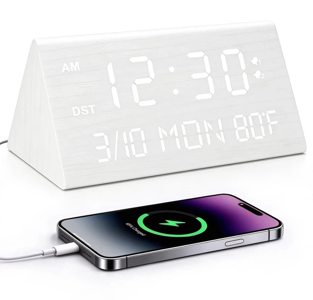 Main image of Premium Wooden Digital Alarm Clock with USB Charging Ports, Dimmable LED Display, Date, Day of Week, Temperature, DST, Digital Desk Clock for Bedrooms, Nightstand, Bedside, Table, Office, Living Room