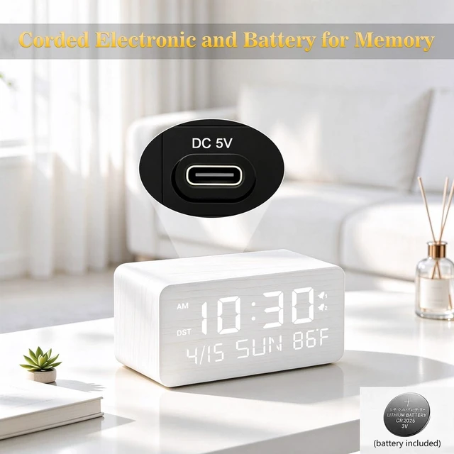 Alt view image 2 of 7 - Premium White Wooden Digital Alarm Clock with Wireless Phone Charger, USB Charging Ports, Dimmable LED Display, Date & Day of Week, Temperature, Digital Desk Clock for Bedroom Nightstand Bedside Table