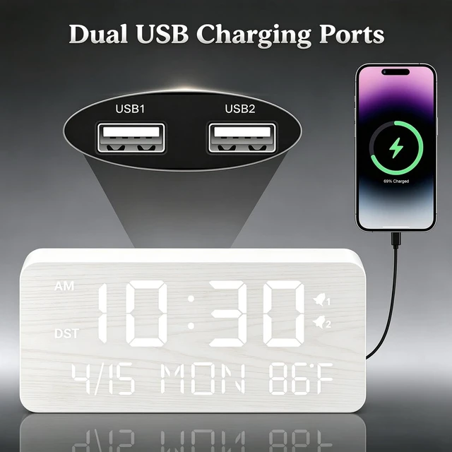 Alt view image 3 of 7 - Premium White Wooden Digital Alarm Clock with Wireless Phone Charger, USB Charging Ports, Dimmable LED Display, Date & Day of Week, Temperature, Digital Desk Clock for Bedroom Nightstand Bedside Table