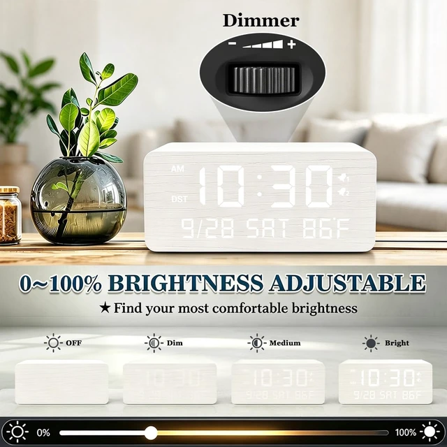 Alt view image 5 of 7 - Premium White Wooden Digital Alarm Clock with Wireless Phone Charger, USB Charging Ports, Dimmable LED Display, Date & Day of Week, Temperature, Digital Desk Clock for Bedroom Nightstand Bedside Table