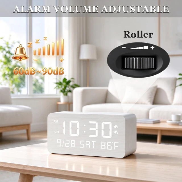 Alt view image 6 of 7 - Premium White Wooden Digital Alarm Clock with Wireless Phone Charger, USB Charging Ports, Dimmable LED Display, Date & Day of Week, Temperature, Digital Desk Clock for Bedroom Nightstand Bedside Table