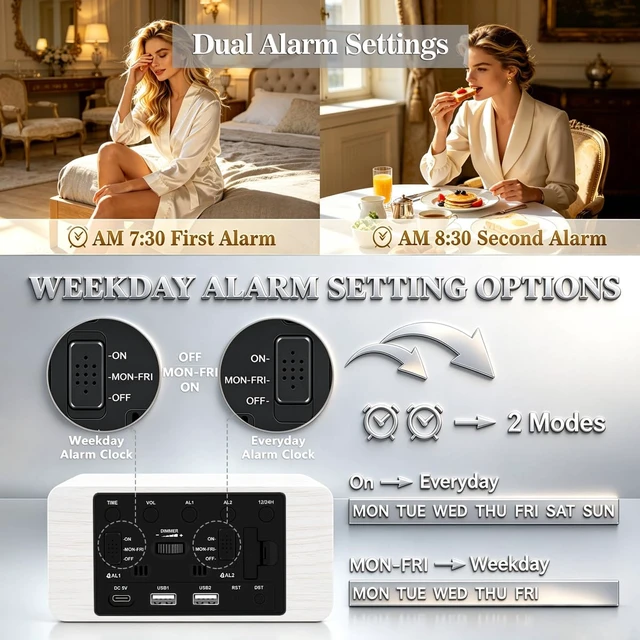 Alt view image 7 of 7 - Premium White Wooden Digital Alarm Clock with Wireless Phone Charger, USB Charging Ports, Dimmable LED Display, Date & Day of Week, Temperature, Digital Desk Clock for Bedroom Nightstand Bedside Table