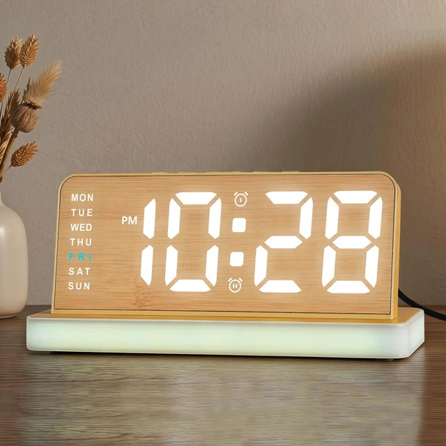 Main image of Wooden Alarm Clock for Bedroom, Digital Clock with Charging Port, Plug in | Bedside Desk Clock with Large Numbers, Alarm, Date, Week, Temp, Dimmer and Night Light, Adapter Powered