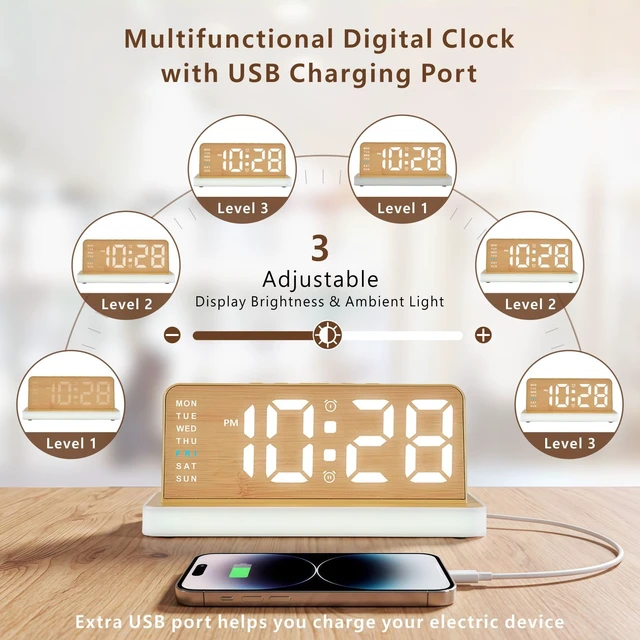 Alt view image 3 of 7 - Wooden Alarm Clock for Bedroom, Digital Clock with Charging Port, Plug in | Bedside Desk Clock with Large Numbers, Alarm, Date, Week, Temp, Dimmer and Night Light, Adapter Powered