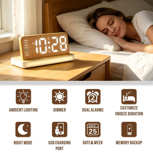 Alt view image 2 of 7 - Wooden Alarm Clock for Bedroom, Digital Clock with Charging Port, Plug in | Bedside Desk Clock with Large Numbers, Alarm, Date, Week, Temp, Dimmer and Night Light, Adapter Powered
