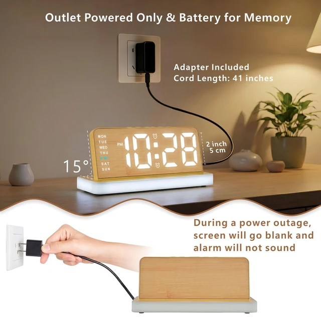 Alt view image 4 of 7 - Wooden Alarm Clock for Bedroom, Digital Clock with Charging Port, Plug in | Bedside Desk Clock with Large Numbers, Alarm, Date, Week, Temp, Dimmer and Night Light, Adapter Powered