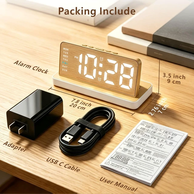 Alt view image 6 of 7 - Wooden Alarm Clock for Bedroom, Digital Clock with Charging Port, Plug in | Bedside Desk Clock with Large Numbers, Alarm, Date, Week, Temp, Dimmer and Night Light, Adapter Powered