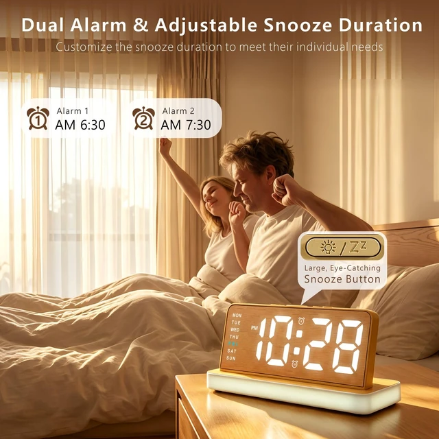Alt view image 5 of 7 - Wooden Alarm Clock for Bedroom, Digital Clock with Charging Port, Plug in | Bedside Desk Clock with Large Numbers, Alarm, Date, Week, Temp, Dimmer and Night Light, Adapter Powered
