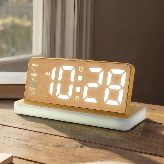 Alt view image 7 of 7 - Wooden Alarm Clock for Bedroom, Digital Clock with Charging Port, Plug in | Bedside Desk Clock with Large Numbers, Alarm, Date, Week, Temp, Dimmer and Night Light, Adapter Powered