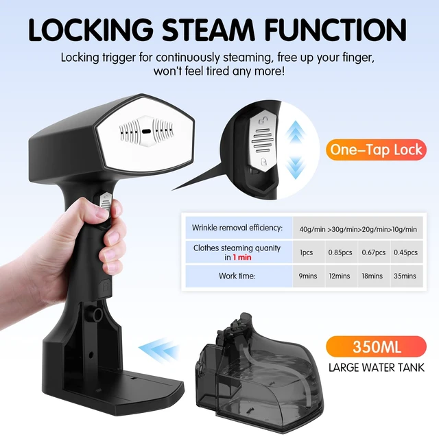 Alt view image 7 of 7 - Handheld Garment Steamer for Clothes, 2000W, 10s Heat-Up, 350ml Tank | 40g/min steaming with 3 settings for delicate to heavy fabrics, Leak-Proof, Use for Travel, Home, Office, Wardrobe Care