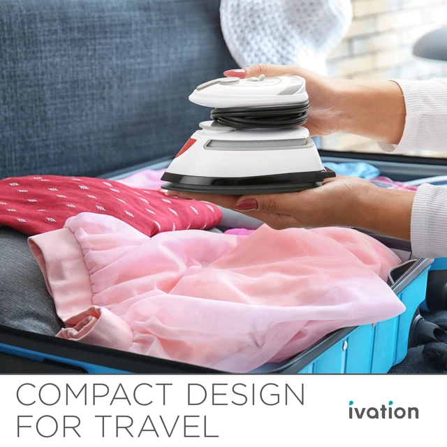 Alt view image 7 of 7 - Mini Travel Steam Iron, Dual Voltage, 5 Steam Vents, ETL Certified | Slips inside a suitcase or carry-on for business trips - nonstick soleplate glides on cotton, silk, and linen fabrics
