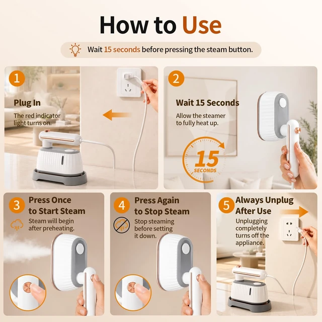Alt view image 4 of 7 - Handheld Garment Steamer, 2-in-1 Steamer & Dry Iron for Clothes, Portable Travel Steamer for Clothes, 15s Fast Heat-Up, Leak-Resistant (Round handle)