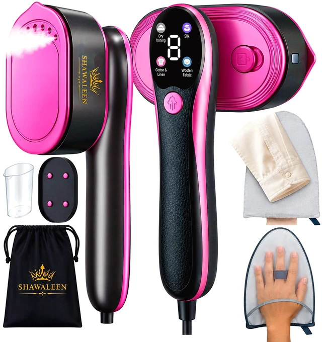 Main image of Travel Steamer for Clothes with Ironing Gloves, All-Fabric Wrinkle Removal 4 Adjustable Modes, 10s fast Heat Up, Large Ceramic Heat Panel, 100ml water tank, 2in1 Steamer Iron1200W (110-120V) (PINK)