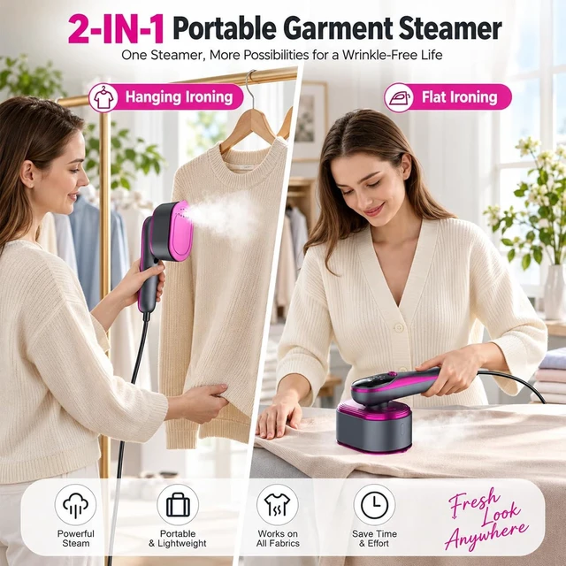 Alt view image 5 of 7 - Travel Steamer for Clothes with Ironing Gloves, All-Fabric Wrinkle Removal 4 Adjustable Modes, 10s fast Heat Up, Large Ceramic Heat Panel, 100ml water tank, 2in1 Steamer Iron1200W (110-120V) (PINK)