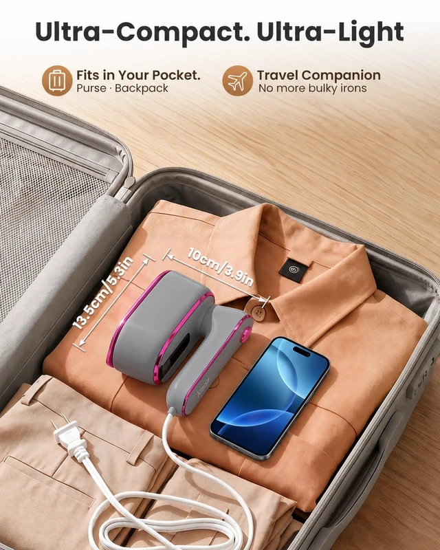 Alt view image 3 of 7 - Steamer for Clothes, Handheld Portable Iron Steamer, 2-in-1 Dry & Steam, 180° Rotatable Handle, 20s Fast Heat-Up, 970W Travel Steamer for Home & Travel, 120V Only