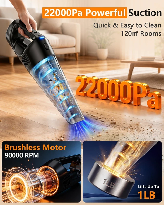 Alt view image 2 of 7 - 22000Pa Powerful Handheld Vacuum Cordless: 15-Min Quick Cleaning 120 Rooms | Portable 3H Fast Charging Dock, 18-36 Min Runtime with Brushless Motor, 1L Dust Cup One-Touch Emptying for Debris Pet Hair
