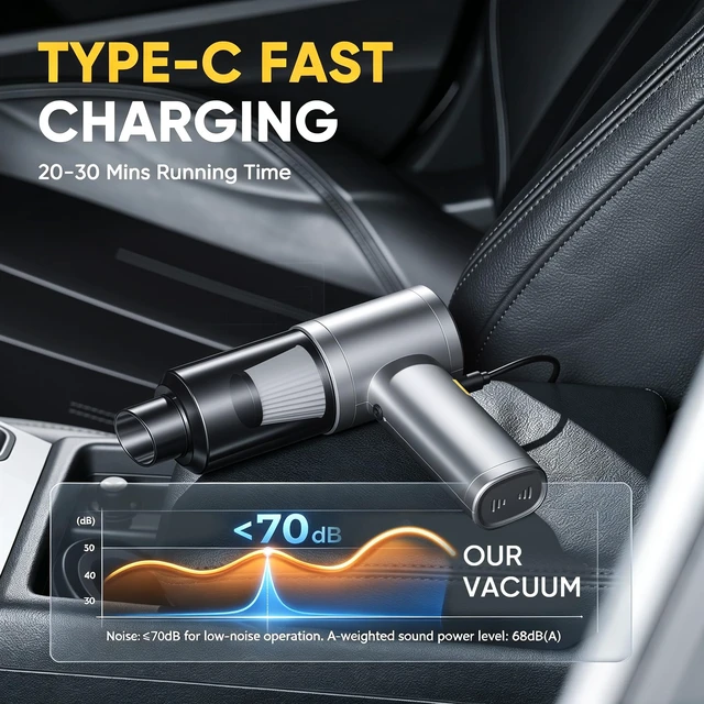 Alt view image 3 of 7 - Car Vacuum Cleaner: 16000Pa Strong Suction - Portable Cordless | 2-in-1 Vacuum & Blower - HEPA Filter - Multiple Nozzles - Type-C Charging - Cordless & Compact Design