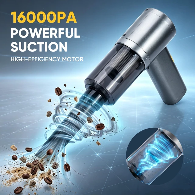 Alt view image 2 of 7 - Car Vacuum Cleaner: 16000Pa Strong Suction - Portable Cordless | 2-in-1 Vacuum & Blower - HEPA Filter - Multiple Nozzles - Type-C Charging - Cordless & Compact Design