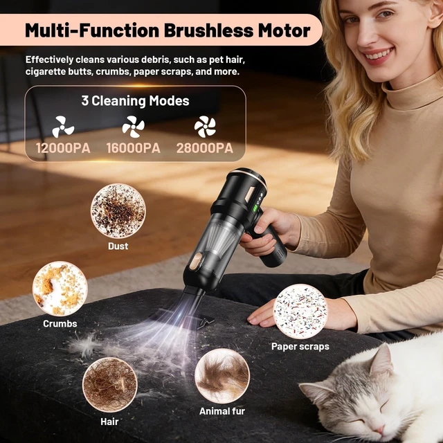 Alt view image 6 of 7 - 28000Pa Cordless Handheld Vacuum Cleaner, 4 in 1 Car Vacuum Air Duster & Blower Hand Held with 6000mAh LED Battery Display, Brushless Motor for Car, Home, Office, Pet Hair