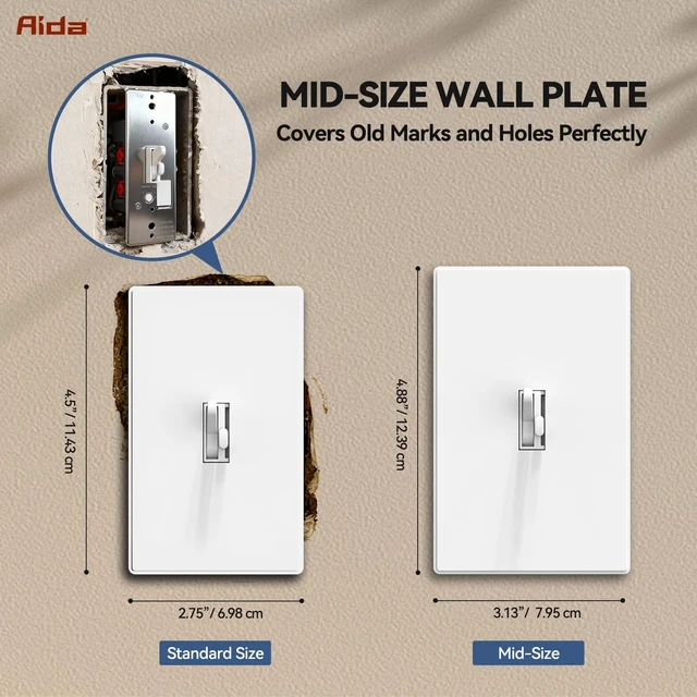 Alt view image 3 of 7 - 1-Gang Midsize Screwless Toggle Light Switch Cover Plate, Matte White Unbreakable Thermoplastic Replacement for Lightswitch Wall Plate Cover, UL Listed, 1-Pack, 4.88"H x 3.13"L