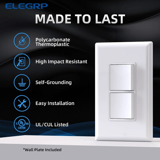Alt view image 2 of 7 - Single Pole Decorator Double Rocker Switch, 15A 120V, in-Wall On/Off, Self-Grounding, Screwless Wall Plate, UL Listed (1 Pack, Glossy White)