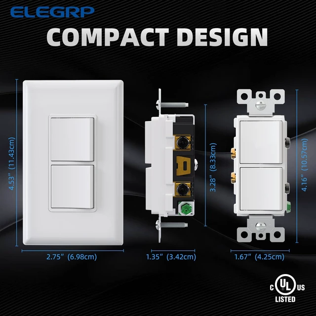 Alt view image 4 of 7 - Single Pole Decorator Double Rocker Switch, 15A 120V, in-Wall On/Off, Self-Grounding, Screwless Wall Plate, UL Listed (1 Pack, Glossy White)