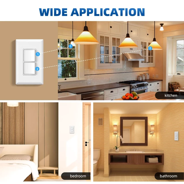Alt view image 7 of 7 - Single Pole Decorator Double Rocker Switch, 15A 120V, in-Wall On/Off, Self-Grounding, Screwless Wall Plate, UL Listed (1 Pack, Glossy White)