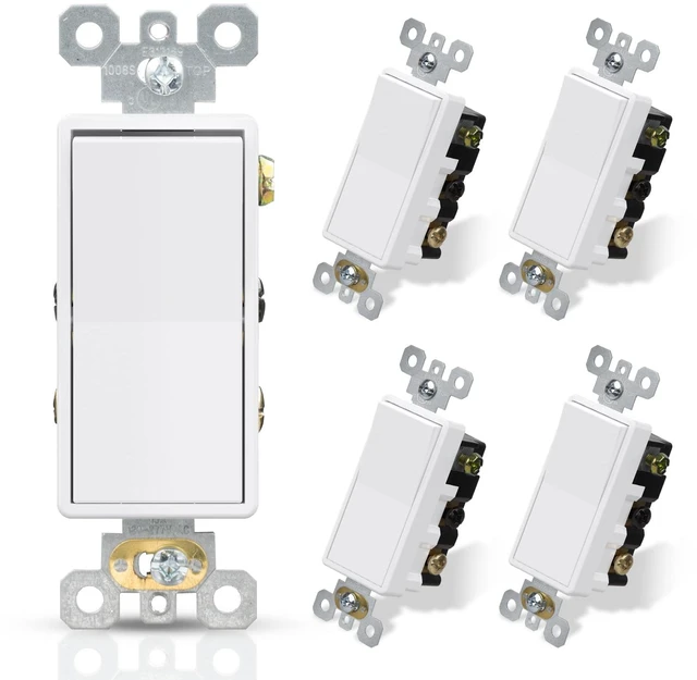 Main image of 4 Way Decorative Light Switch, 15Amp, 120-277 Volt, AC Decorator Rocker Paddle Wall Switch Replacement, Self-Grounding, Residential and Commercial Grade, UL Listed (5 Pack, Glossy White)