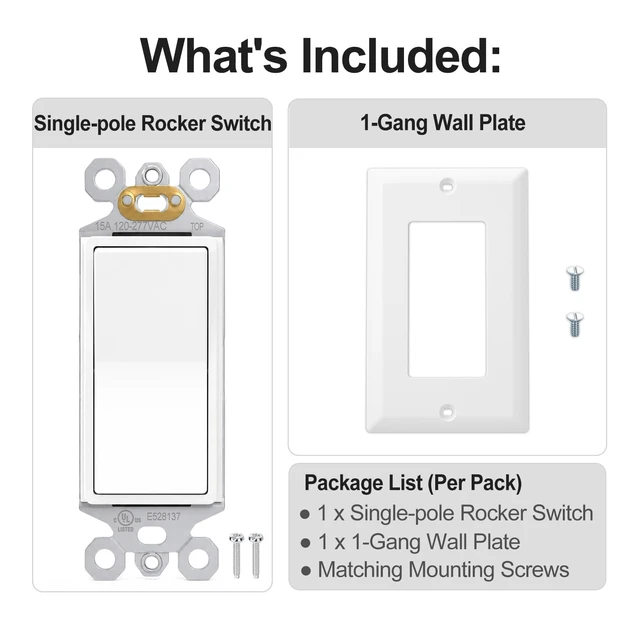 Alt view image 3 of 7 - Single Pole Decora Light Switch with 1-Gang Wallplate,White,1-Pack | 15A 120/277V Single Pole Paddle Switch & 1-Gang Plate.Features Ground Screw & UL/cUL Certified 1-Location Control