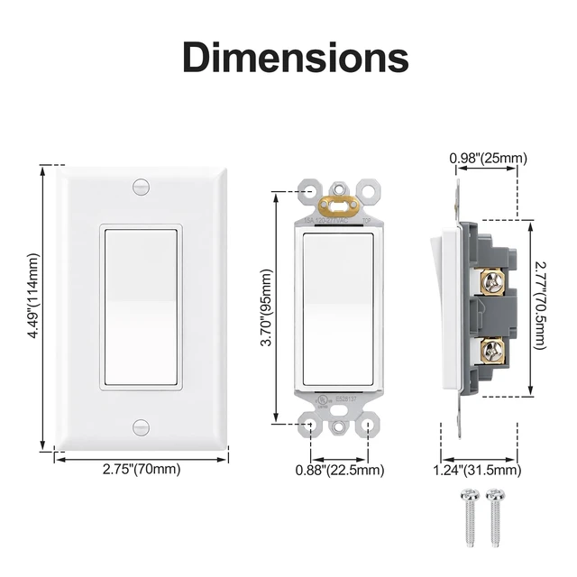 Alt view image 4 of 7 - Single Pole Decora Light Switch with 1-Gang Wallplate,White,1-Pack | 15A 120/277V Single Pole Paddle Switch & 1-Gang Plate.Features Ground Screw & UL/cUL Certified 1-Location Control