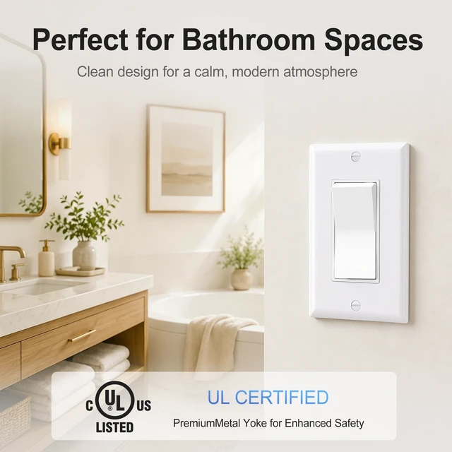 Alt view image 6 of 7 - Single Pole Decora Light Switch with 1-Gang Wallplate,White,1-Pack | 15A 120/277V Single Pole Paddle Switch & 1-Gang Plate.Features Ground Screw & UL/cUL Certified 1-Location Control