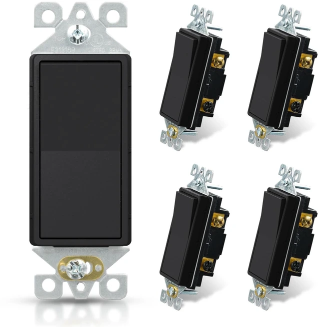 Main image of Matte Black 3 Way Decorative Light Switch, 15Amp, 120-277 Volt, AC Decorator Rocker Paddle Wall Switch Replacement, Self-Grounding, Residential and Commercial Grade, UL Listed (5 Pack)