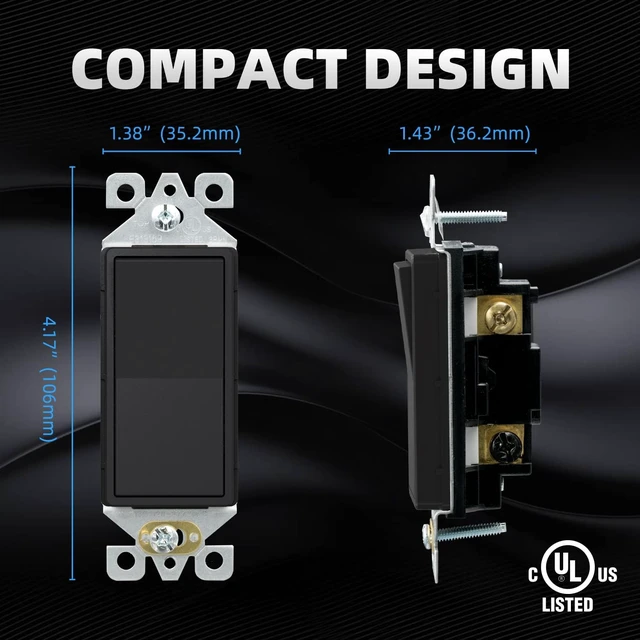Alt view image 5 of 6 - Matte Black 3 Way Decorative Light Switch, 15Amp, 120-277 Volt, AC Decorator Rocker Paddle Wall Switch Replacement, Self-Grounding, Residential and Commercial Grade, UL Listed (5 Pack)
